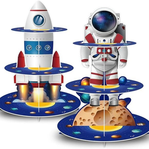 New 2PCS 3 Tier Space Themed Cardboard Cupcake Stand for Kids Baby Shower Birthd - Picture 1 of 7